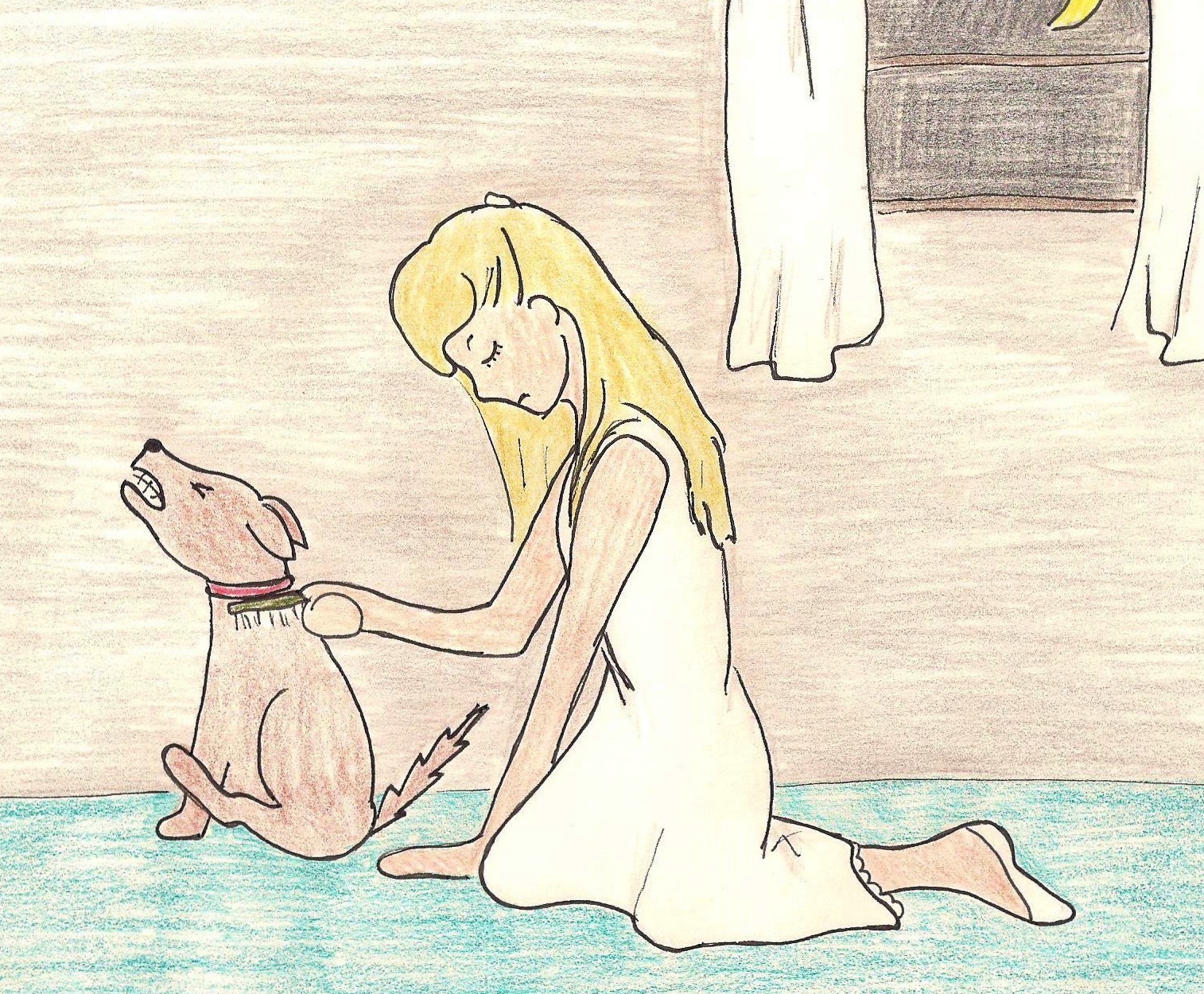 A tired woman brushes her itchy dog at night.