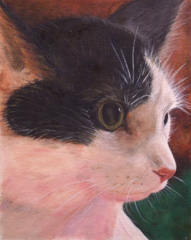 Oil painting of black and white cat.