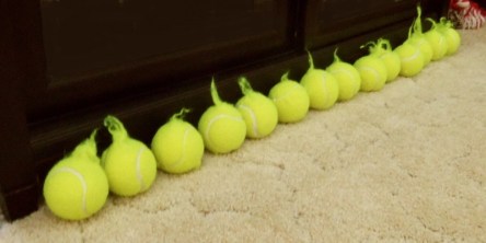 Row of tennis balls from a different angel. All show fuzz handles on them.