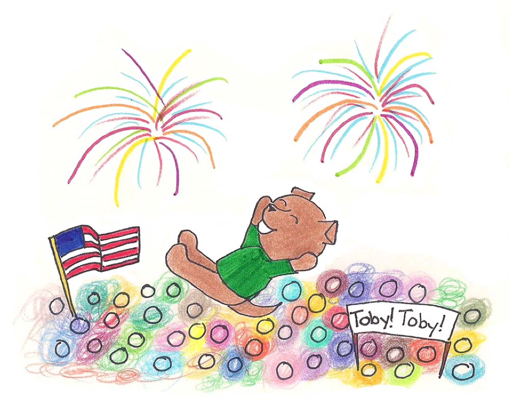 Toby surfs on a grateful crowd after his farts save the day.