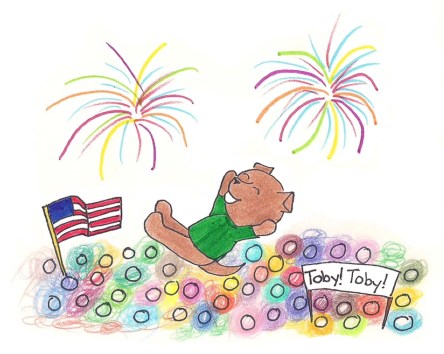 Toby surfs on a grateful crowd after his farts save the day.