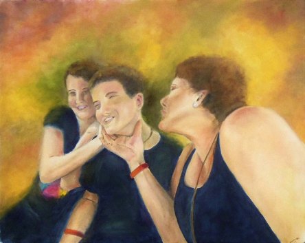 Oil painting of Mom trying to embarrass teen boy by kissing him in front of his girlfriend.