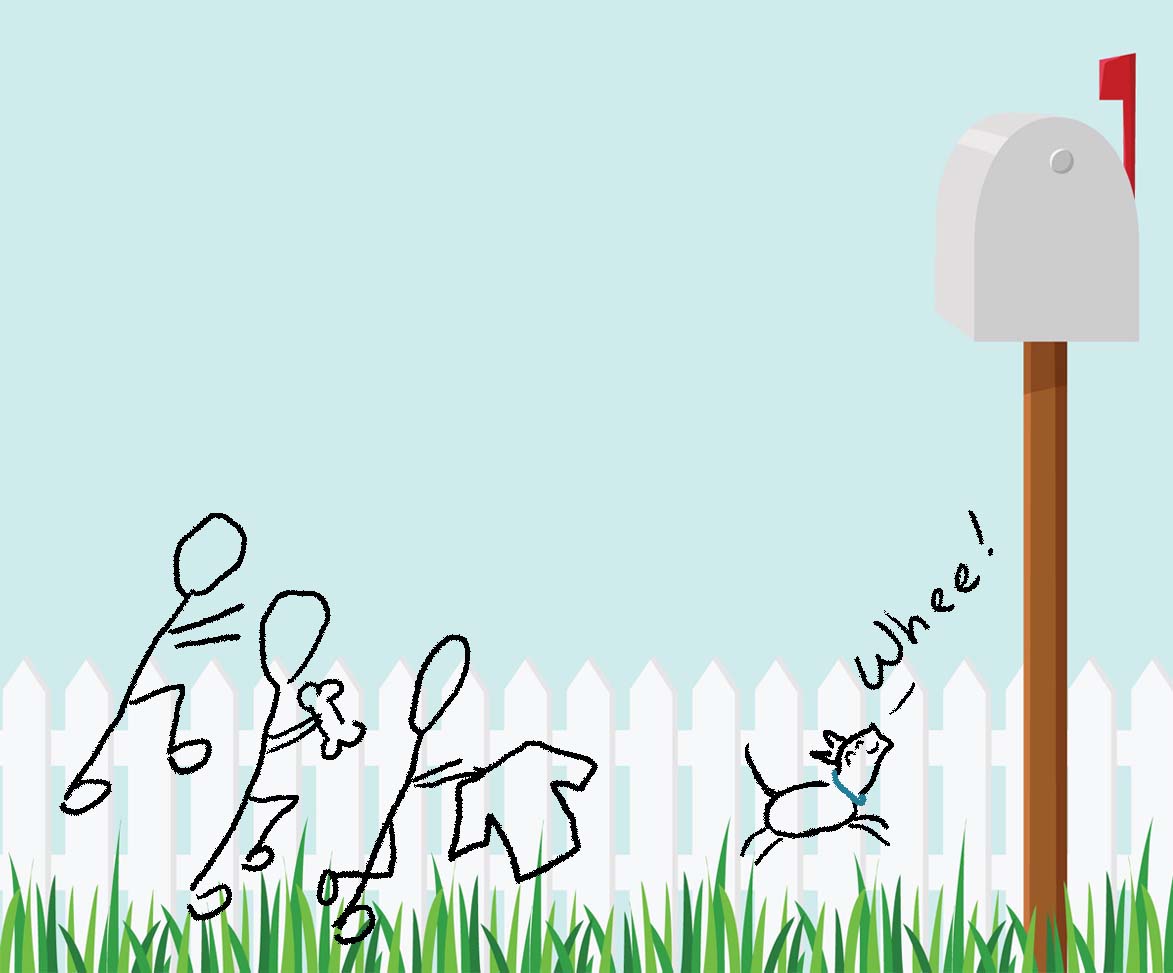 Several people chase a puppy who has escaped her yard.