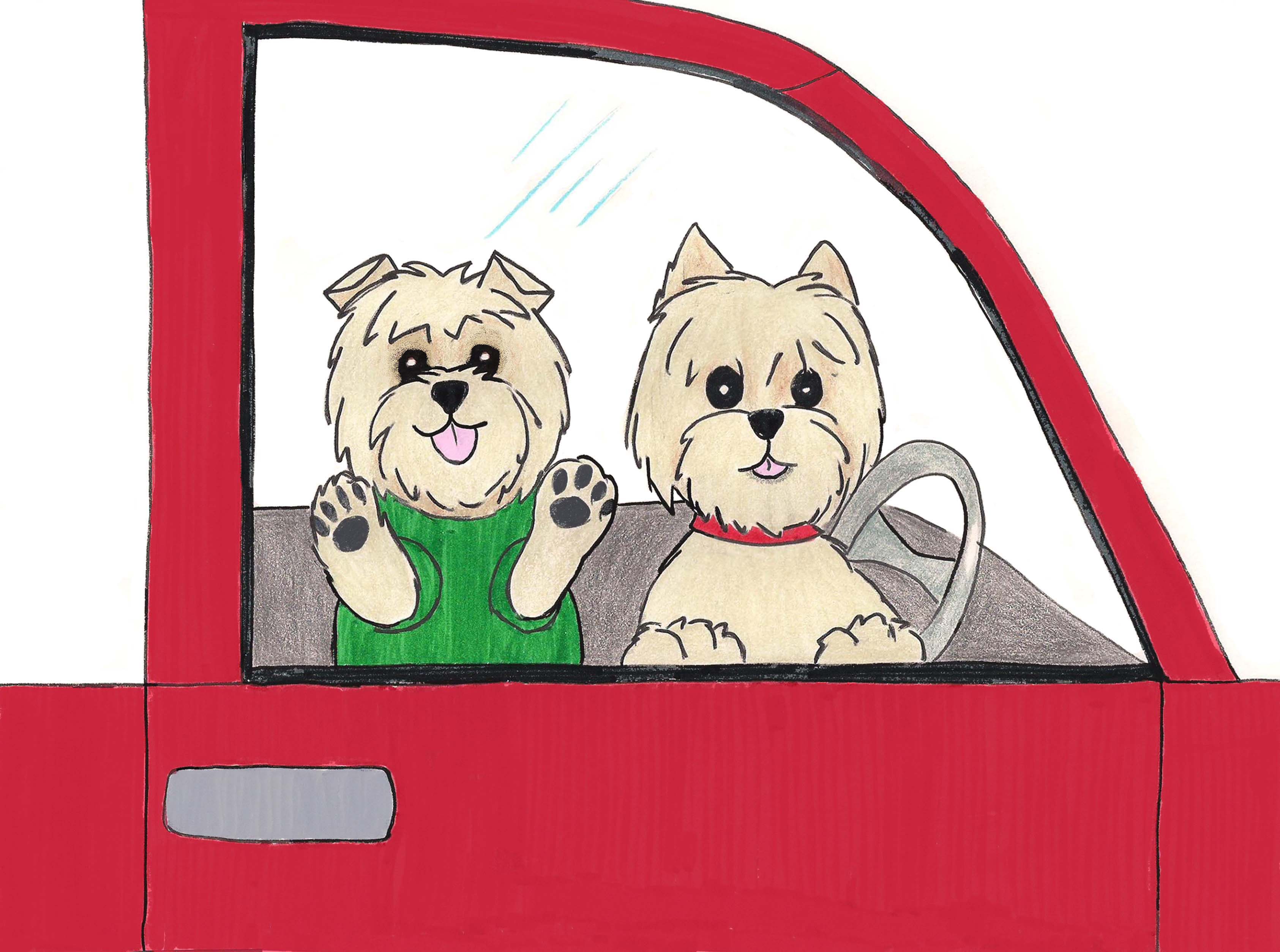 Two dogs look out of car door.