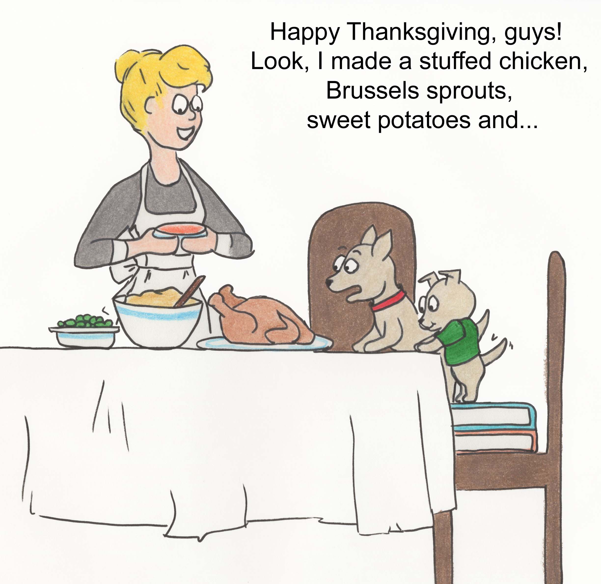 Happy Thanksgiving, guys! Look, I made stuffed chicken, Brussels sprouts, sweet potatoes and...