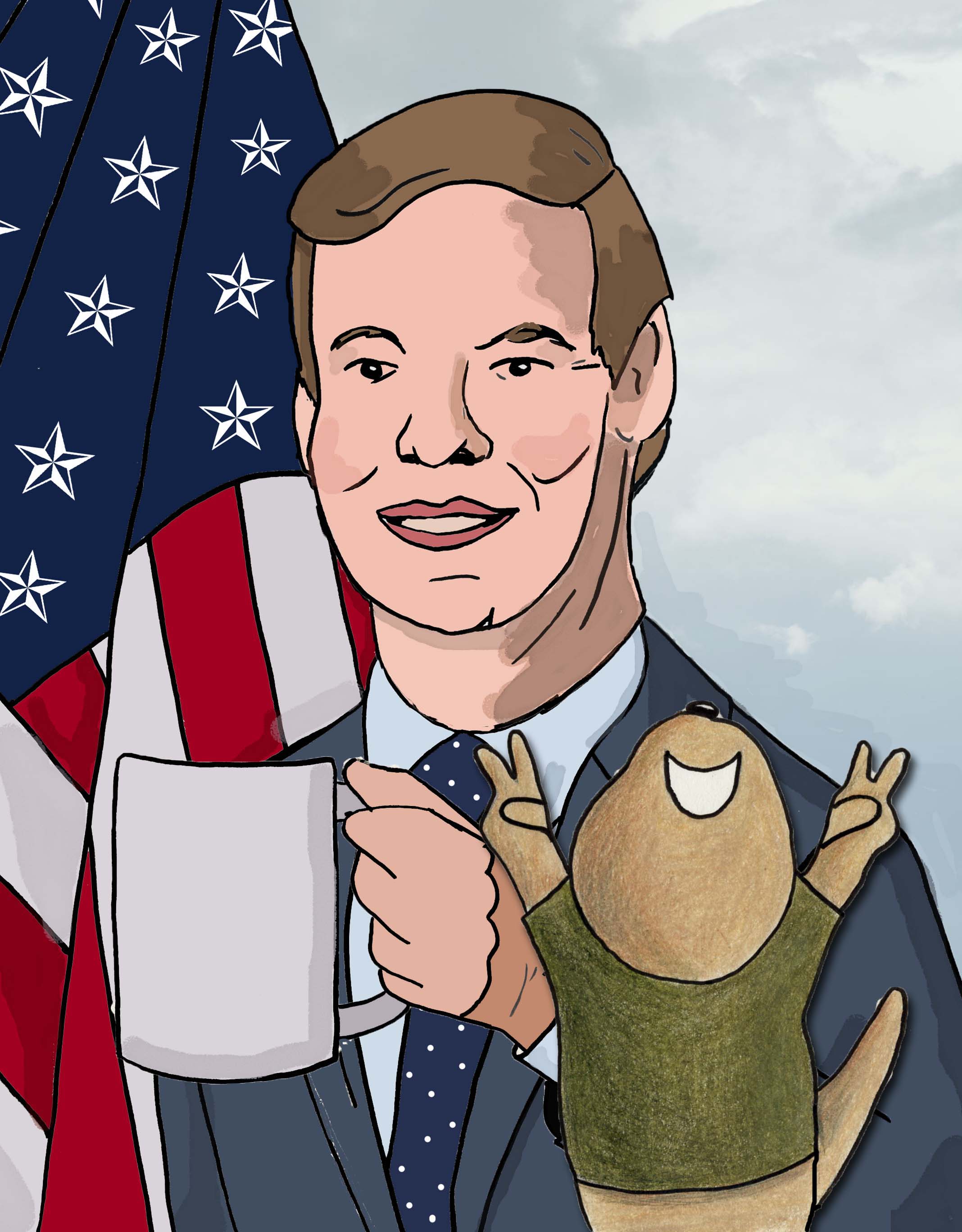 Toby flashes peace signs as he stands in front of Eric Swalwell and the infamous coffee cup.