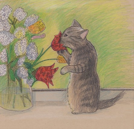 Pencil sketch of a kitty sniffing a flower.