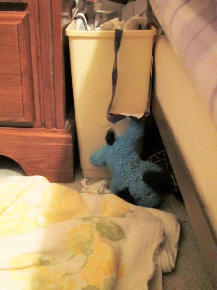 Blue Puppy gets his paw caught as he flees from raiding the trash can.