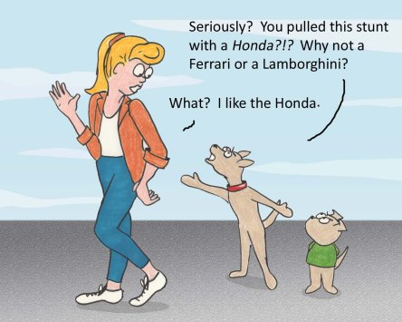 Dog: Seriously? You pulled this stunt with a Honda?!? Why not a Ferrari or a Lamborghini? Woman: What? I like the Honda.