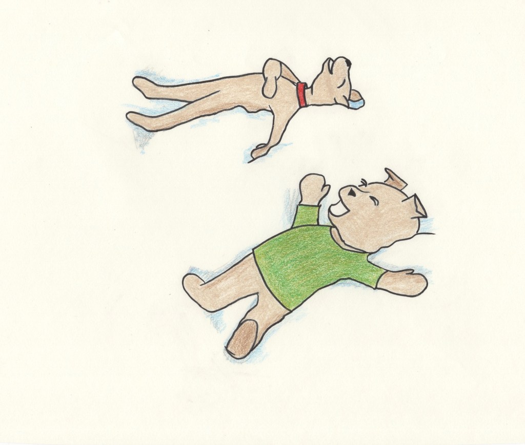 Two puppies make snow angels in a snow bank.