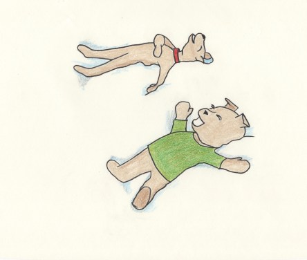 Two puppies make snow angels in a snow bank.