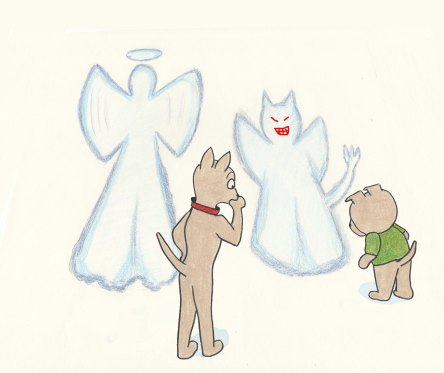 Two puppies look at their snow angels. One is an angel, the other one a devil.