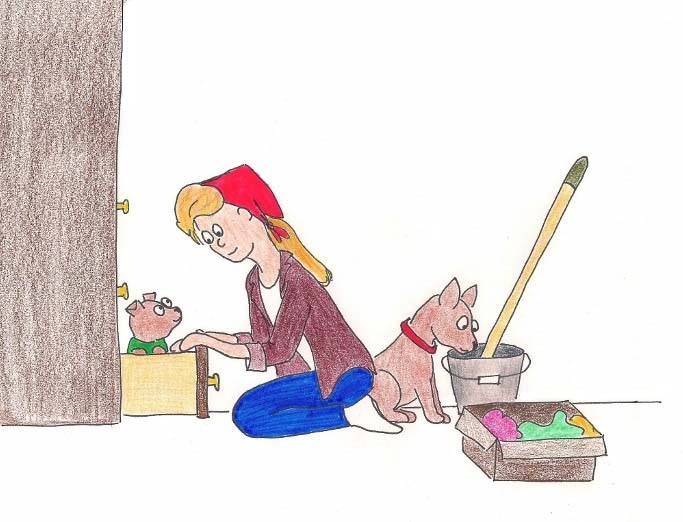 Woman cleans while her pups look on.