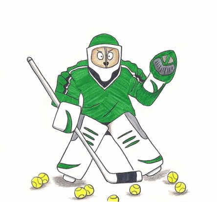 Puppy dressed as ferocious hockey player.