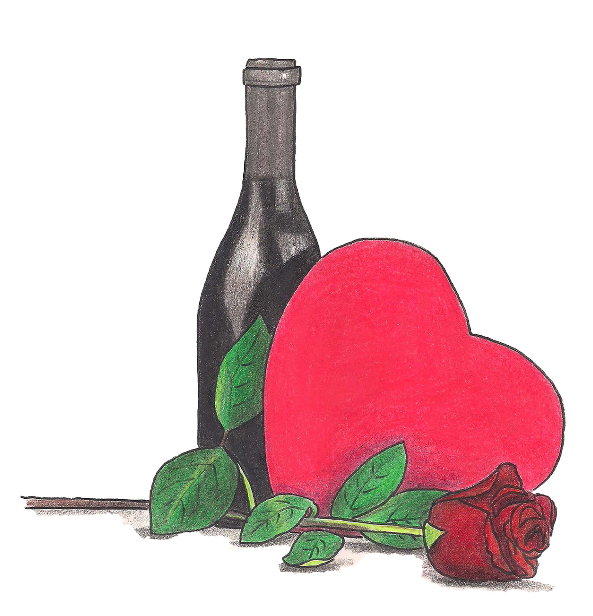 A Valentine's Day heart shaped box of colcolate rests next to a bottle of wine and a single red rose.