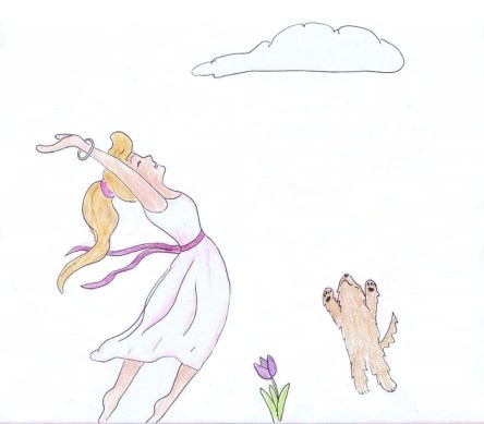 Woman and dog dance with joy at seeing the first tulip of the year.