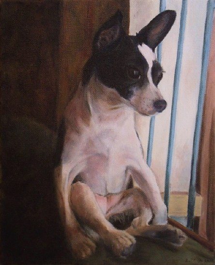 Lady Chihuahua sits on Daddy's chair next to the window. Oil on canvas.