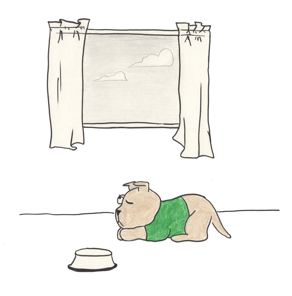Drawing of puppy sleeping near a window with cloudy skies outside. Inside, his bowl is empty.