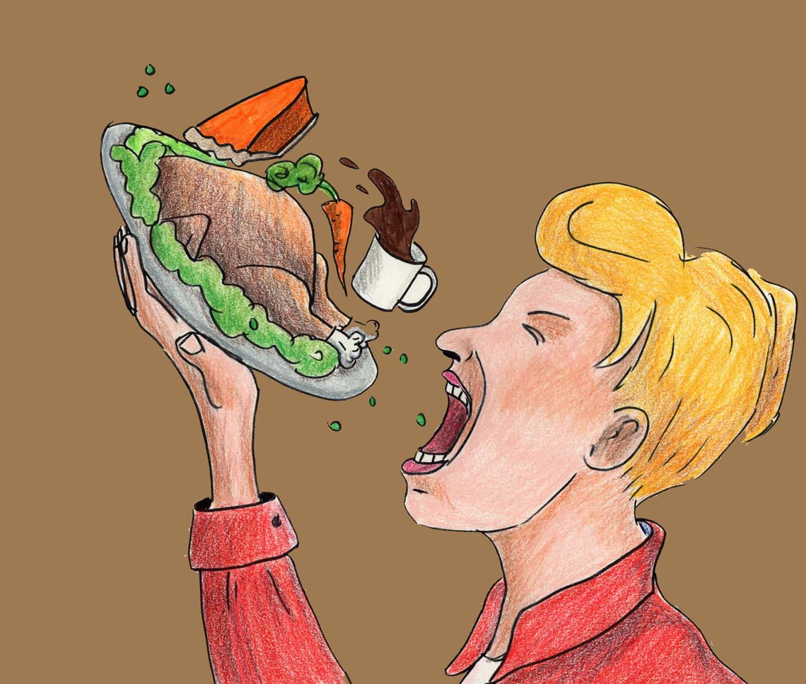 Nom, nom, nom. Woman wolfs down large plate of food.