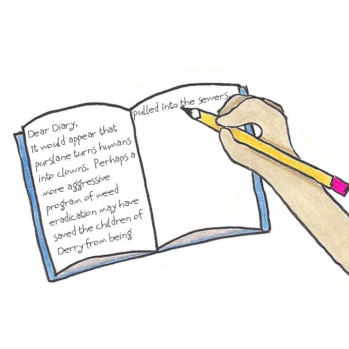 Dear Diary, It would appear that purslane turns humans into clowns.  Perhaps a more aggressive program of weed eradication may have saved the children of Derry from being pulled into the sewers.