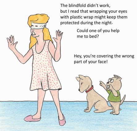 The blindfold didn't work, but I read that wrapping your eyes with plastic wrap might keep them protected during the night. Could one of you help me to bed? Hey, you're covering the wrong part of your face.