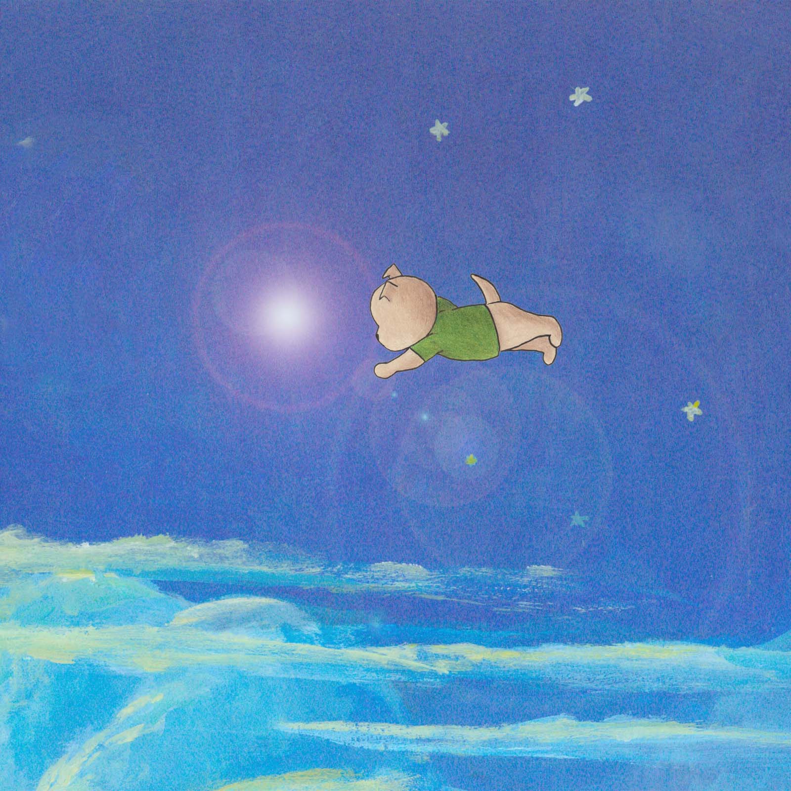 Toby flies in the night sky.