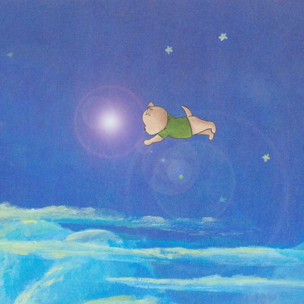 Toby flies in the night sky.