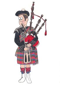 Drawing of man playing bagpipes