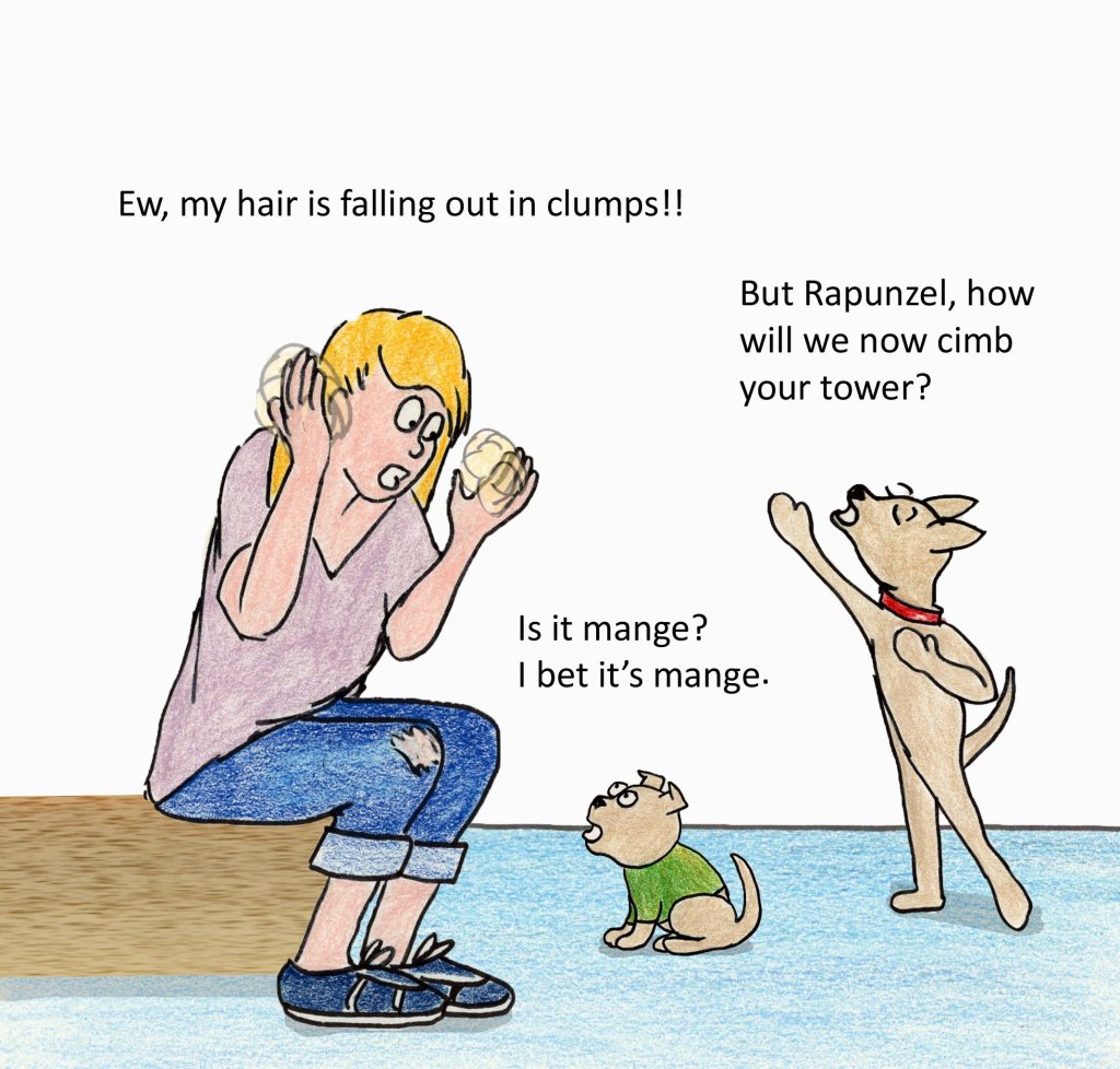 Ew, my hair is falling out in clumps! Is it mange? I bet it's mange. But Rapunzel, how will we now climb your tower?