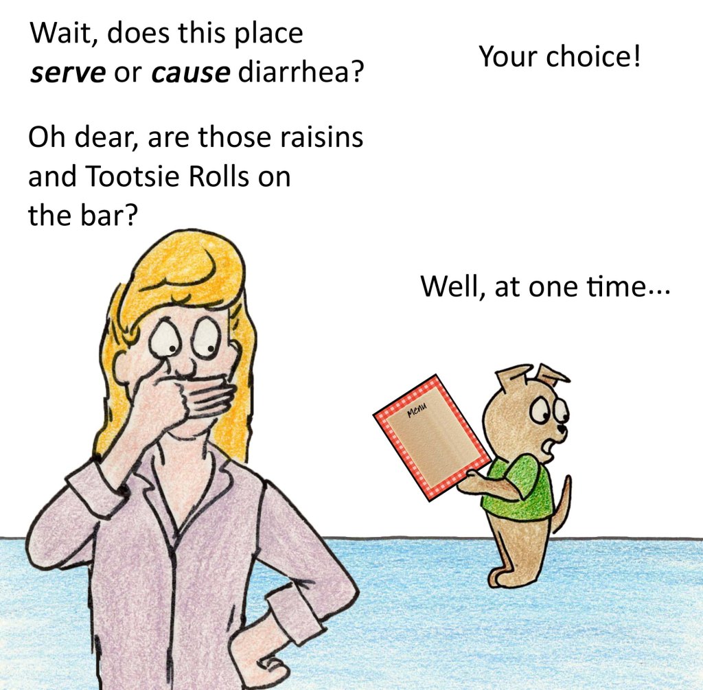 Wait, does this place serve or cause diarrhea? Your choice! Oh dear, are those raisins and Tootsie Rolls on the bar? Well, at one time...