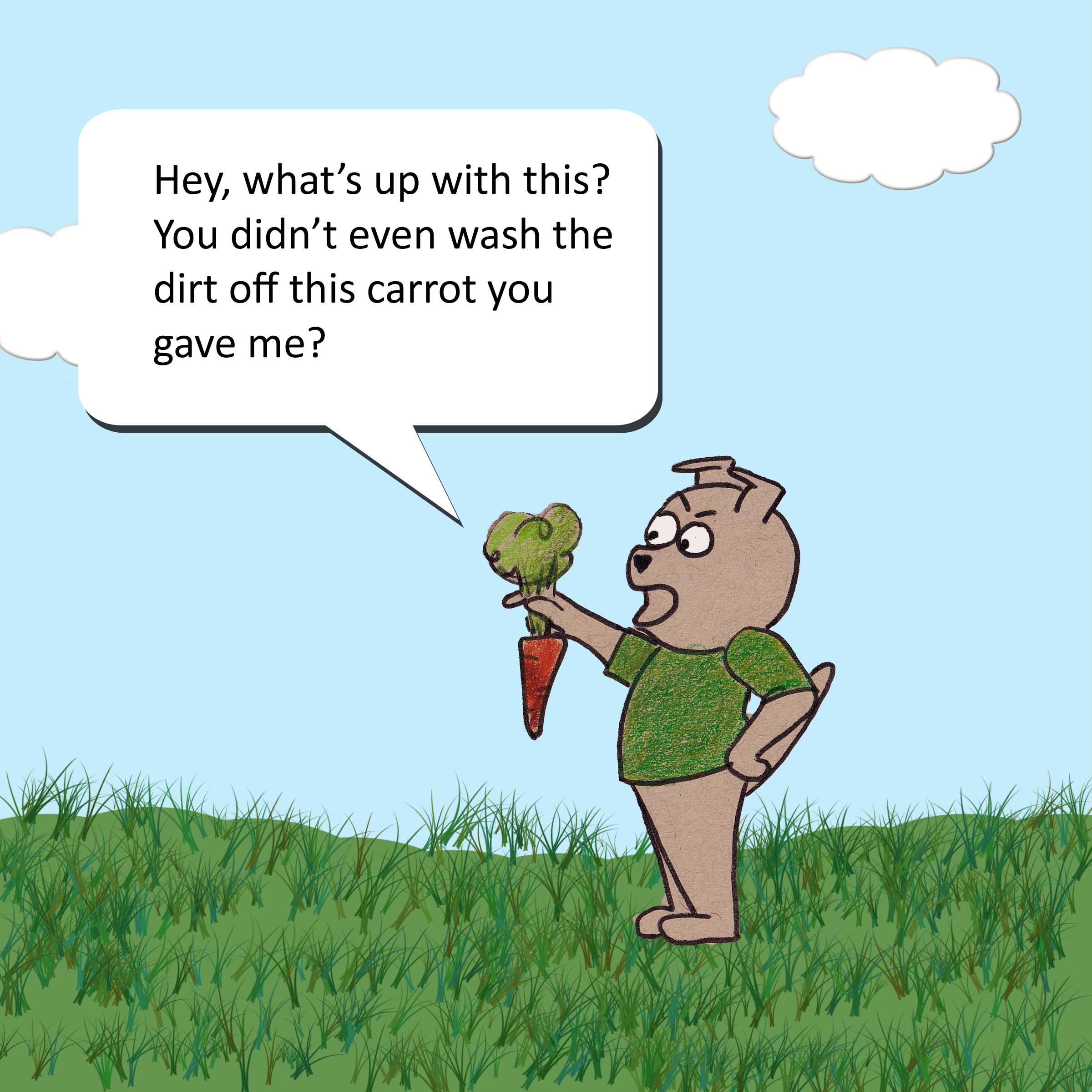 Hey, what's up with this? You didn't even wash the dirt off this carrot you gave me?