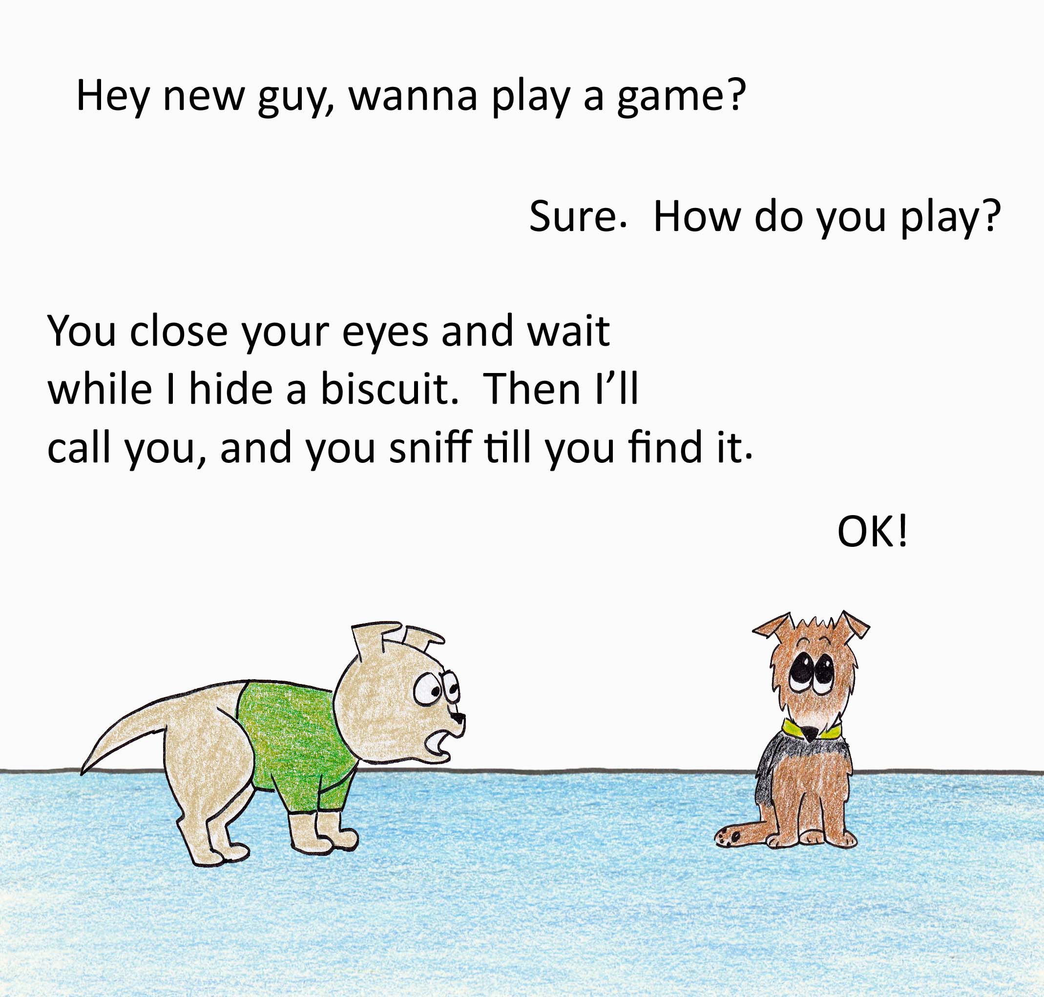Hey new guy, wanna play a game? Sure. How do you play? You close your eyes and wait while I hide a biscuit. Then I'll all you, and you sniff till you find it. OK!