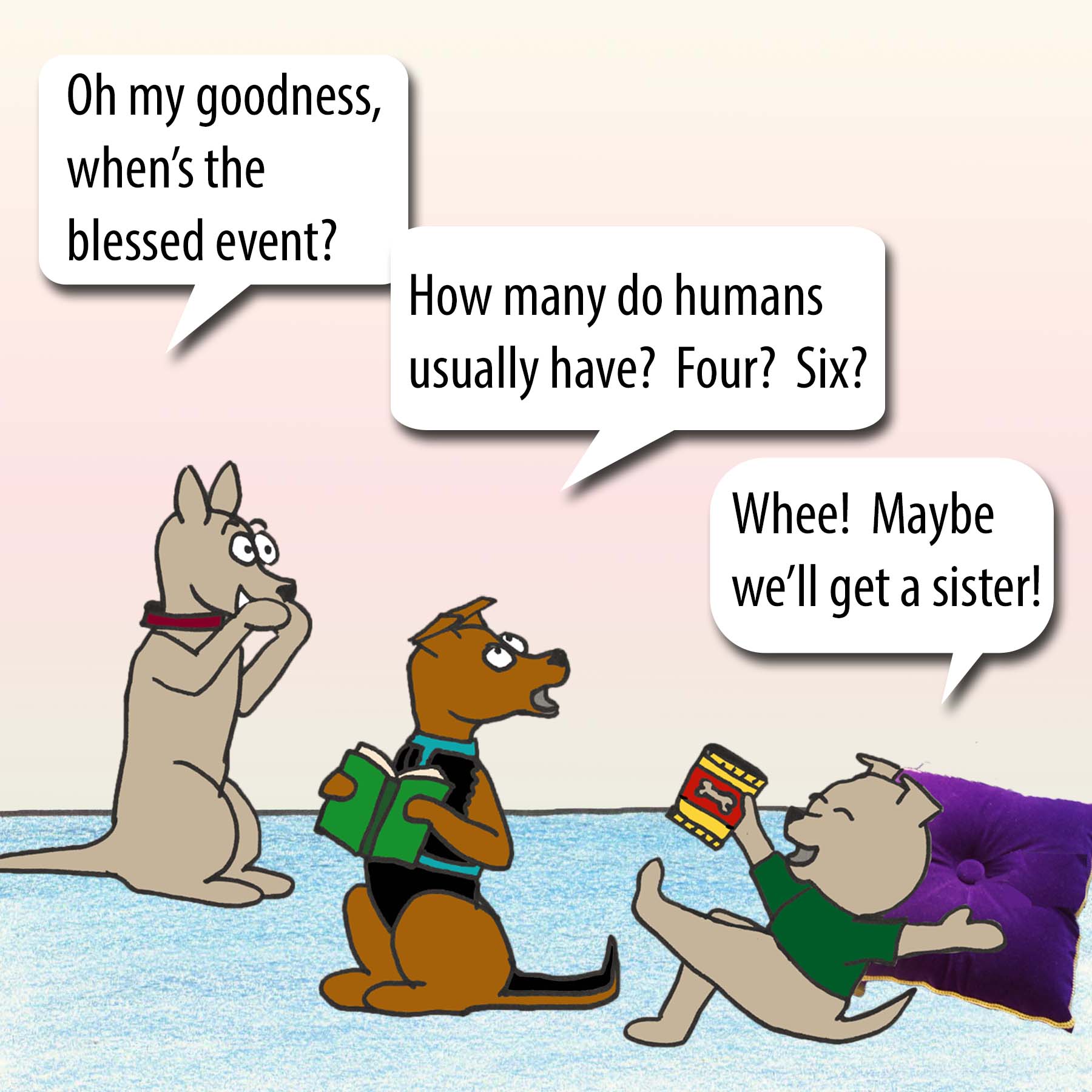 Oh my goodness, when is the blessed event? How many do humans usually have? Four? Six? Whee! Maybe we'll get a sister!